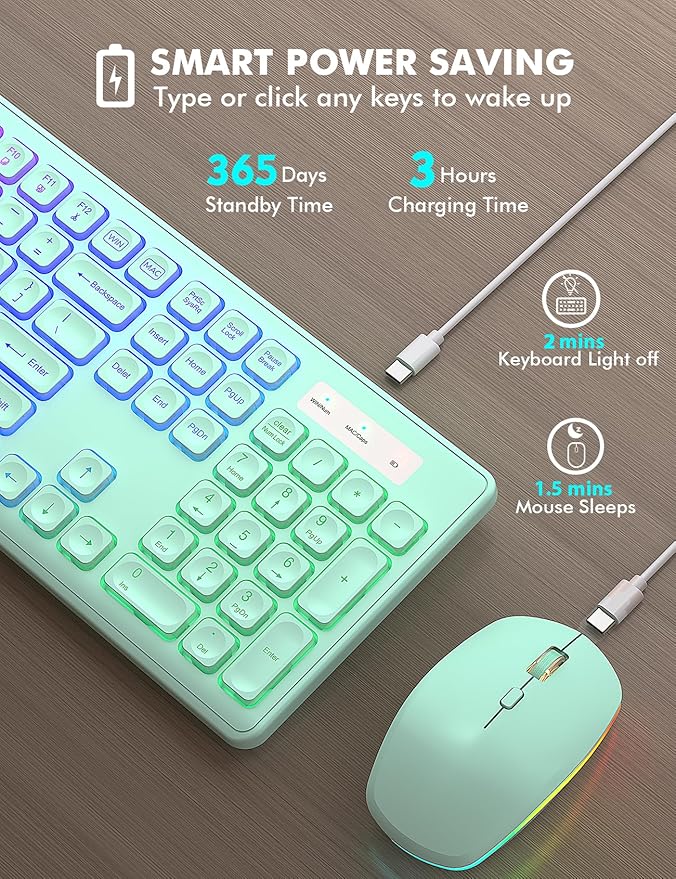 Wireless Keyboard and Mouse Combo - RGB Backlit, Rechargeable & Light Up Letters, Full-Size, Ergonomic Tilt Angle, Sleep Mode, 2.4GHz Quiet Keyboard Mouse for Mac, Windows, Laptop, PC, Mint Green