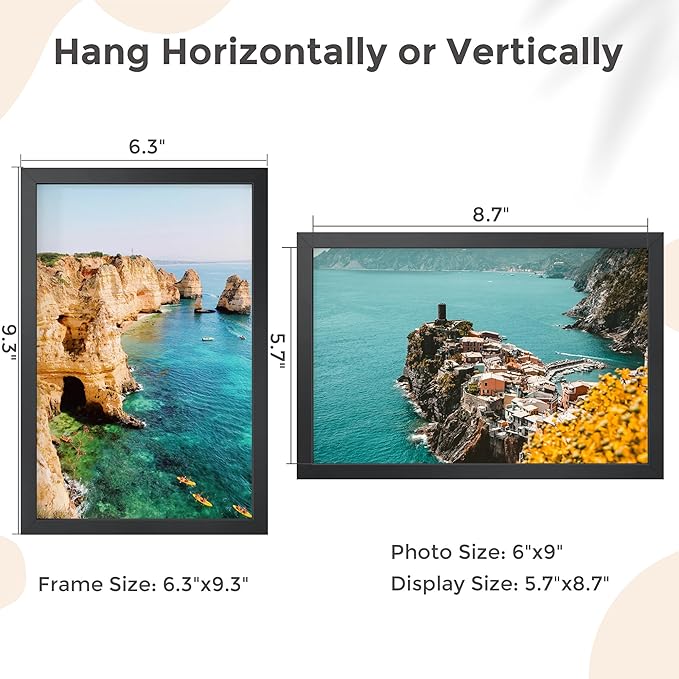 6x9 Metal Picture Frame - Black Aluminum Picture Frames with Real Glass, Wall Mounting Horizontally or Vertically, Simple and Elegant Decor for Wall Gallery Poster Photo 9x6 Frames, Black