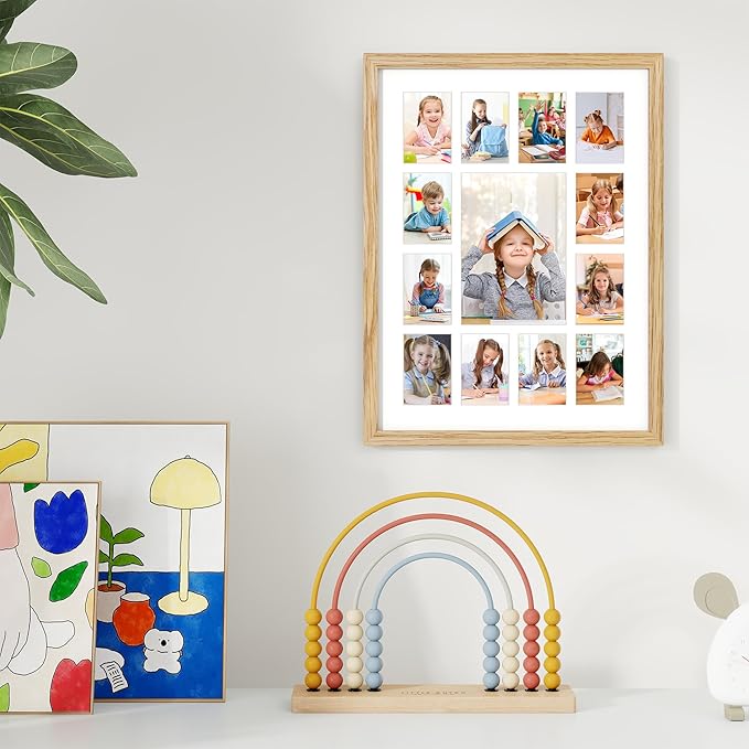 Axeman 12x16 School Years Picture Frame K-12 Day Graduation Photo Collage Solid Oak Picture Frame With Mat - Displays One 5x7 Photo and Twelve 2.5x3.5 Pictures, Hanging Hardware Included, Natural