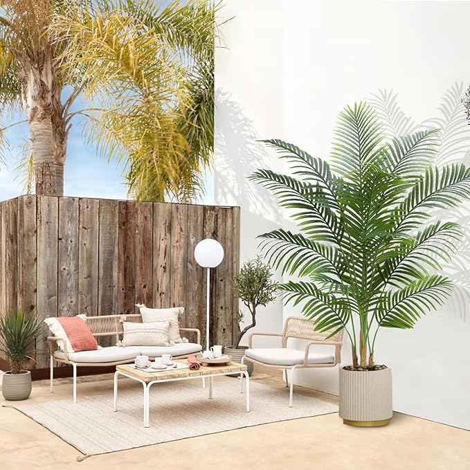 Artificial Palm Tree Plant 6FT Tall Fake Tropical Palm Tree in Pot, Real Bark Design Faux Areca Palm Tree for Home Office Living Room Bedroom Farmhouse Modern Indoor Outdoor Topiary Tree (18 Trunks)