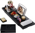 Foldable Bathtub Caddy Tray, Bamboo Bath Tub Tray Table for Tub with Wine Glass Holder Book Phone Tablet Holder with Extending Sides, Adjustable Bathroom Bathtub Free Soap Holder Gift Idea (Black)