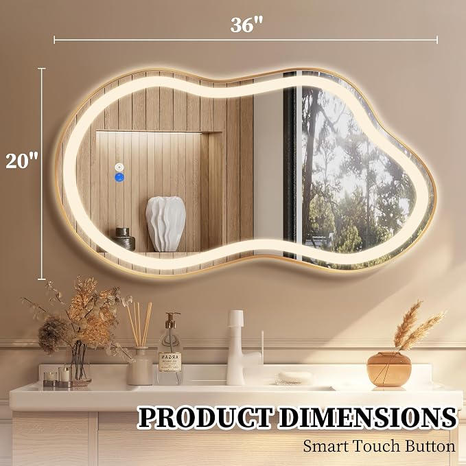 Irregular LED Bathroom Mirror with Lights, Cloud Smart Backlit Mirror, Dimmable Lighted Bathroom Gold Mirror with Anti-Fog, Asymmetrical Vanity Mirror Hangable 2 Ways (Gold, 20 x 36, 2 Pack)