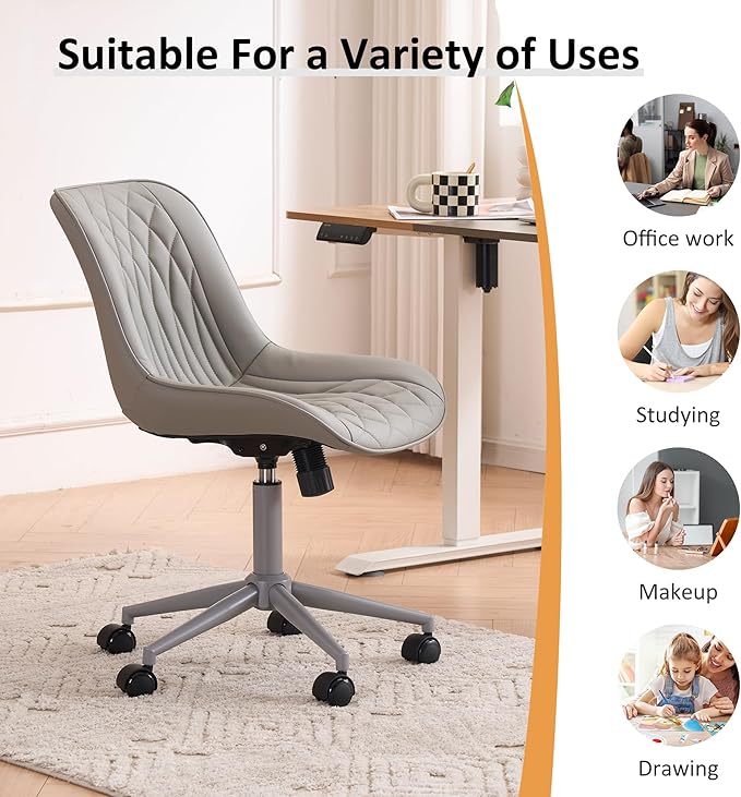 YOUNIKE Grey Home Office Desk Chair No Arms Comfy Small Vanity Chair Chair with Wheels Swivel Adjustable Modern Ergonomic Task with Back Armless Cute Leather Upholstered Rolling Chair