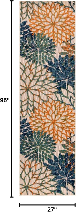 Nourison Home Aloha Indoor/Outdoor Blue Green 2'3" x 8' Area Rug, Easy Cleaning, Non Shedding, Bed Room, Living Room, Dining Room, Backyard, Deck, Patio (2x8)