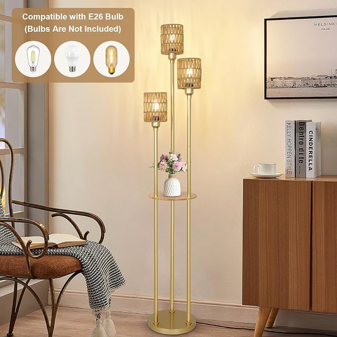 Boho Floor Lamp with Shelves, 3-Lights Farmhouse Tall Floor Lamp with ON/Off Foot Switch, Gold Modern Floor Lamps with Rattan Shades, Rustic Standing Lamp for Living Room, Bedroom, Office