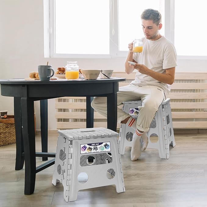Delxo Folding Step Stool, 13 inch Non-Slip Foldable Stools for Kids & Adults Up to 300 LBS, Step Stool with Handle, Lightweight for Kitchen, Bathroom, Bedroom, Garden, Grey, 1PC