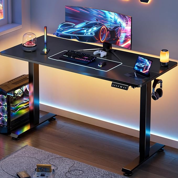 Veken 55 Inch, Height Adjustable Sit Stand Up, Wood Desktop, Work Home Office Computer PC Table, Tall Standup Workstation, Gaming Writing Study Bedroom Rising Desks, Black