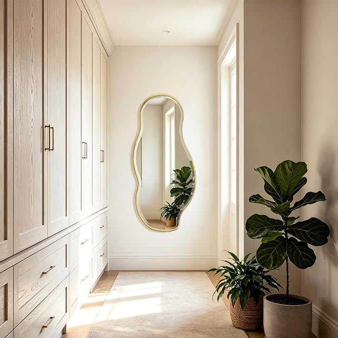 POZINO Large Irregular Beveled Mirror, 53"x24" Asymmetrical Wall Mirror with Gold Metal Frame, Organic Shape Mirrors for Entryway Hallway Living Room Bathroom Bedroom, Horizontal/Vertical Hanging