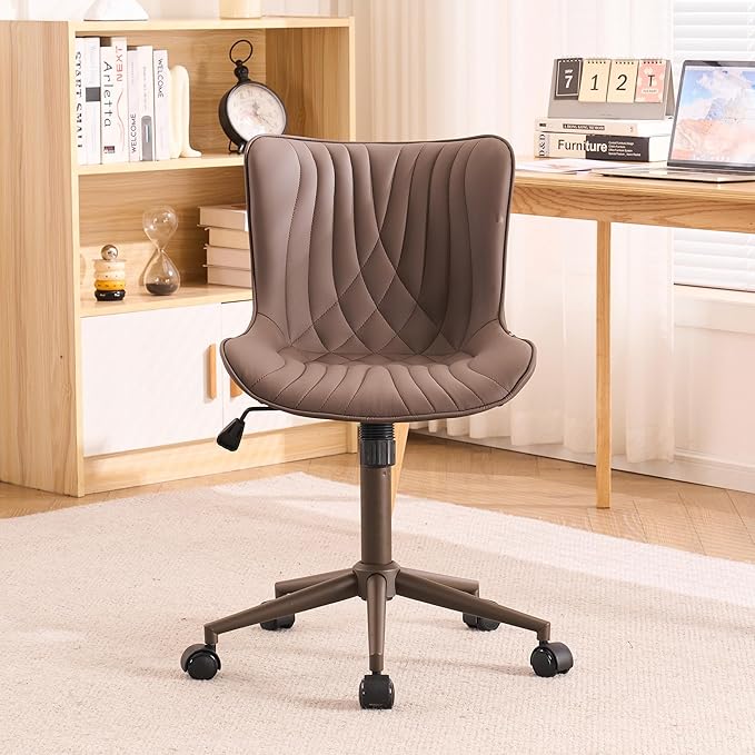 YOUTASTE All Brown Office Chair, Modern Armless Desk Chair with Back, Adjustable Swivel Rolling Faux Leather Task Chair with Wheels Metal Base for Home Office, Study, or Vanity