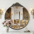 Baroque Antique Black Round Mirror for Wall Decor - 24" Circle Wall Mirror with Vintage Ornate Carved Floral Top Beaded Metal Frame for Bathroom Vanity, Entryway, Fireplace, Living Room, Bedroom