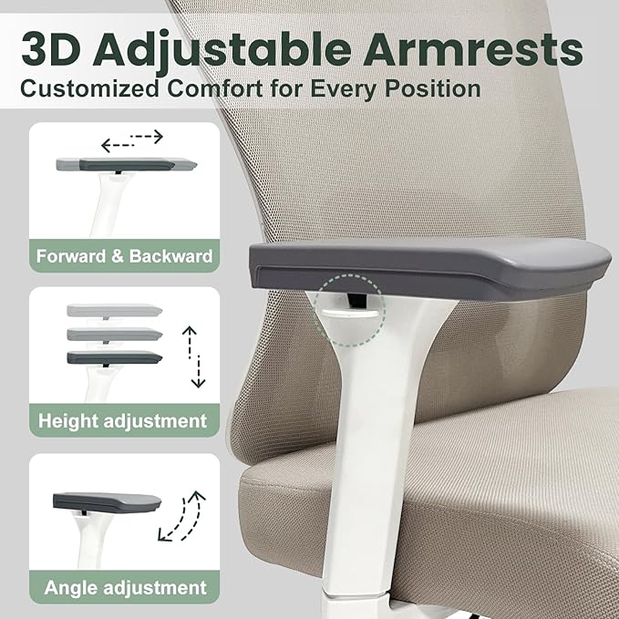 Ergonomic Office Chair - 350LB Mesh Office Chair with Adjustable Lumbar, High Back Computer Chair with 3D Armrests, Comfy Chair with 2D Headrest & Tilt Function for Study, Work, Gaming