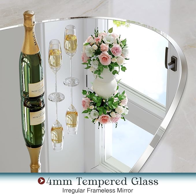 48"x22" Irregular Frameless Oval Wavy Bathroom Entryway Wall Mirror, Asymmetrical 0.59" inch Beveled Mirror with 4MM HD Shatter-Proof Mirror for Living Room. Hung Horizontally or Vertically