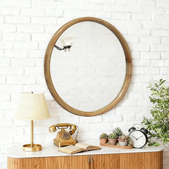 Havemies 27.56" Round Wood Framed Wall Mirror - Natural Mid-Century Modern Decorative Mirror for Bathroom, Bedroom, Entryway, Lightweight & Easy to Hang, Farmhouse Wall Decor