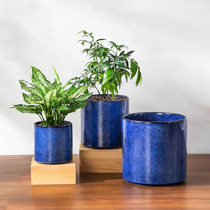 vancasso 6"+8"+10" Ceramic Pot for Plants, Large Outdoor Indoor Planter Pots with Drainage Holes, Set of 3, Blue