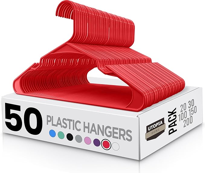 Utopia Home Plastic Hangers 50 Pack - Perfect Space Saving Clothes Hanger - Durable and Strong - Perfect Closet Organizers with Shoulder Grooves (Red)