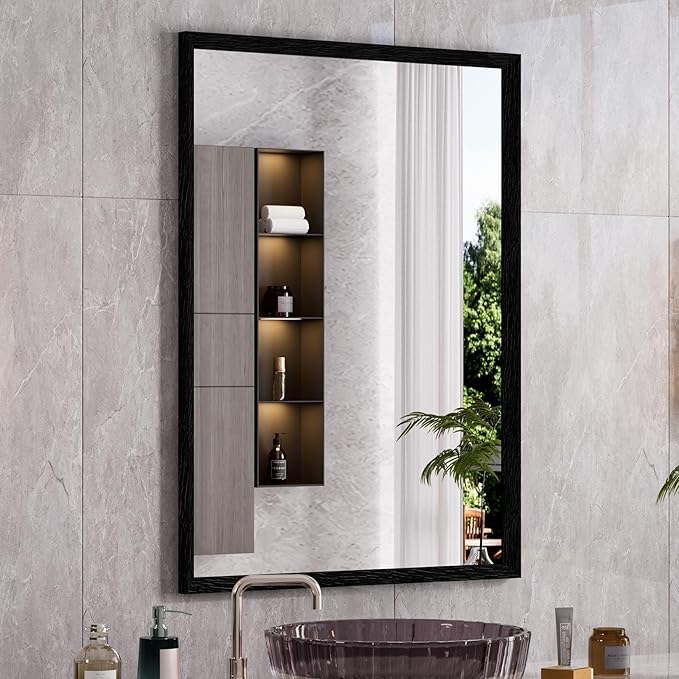WEER Black Framed Mirror for Bathroom, 22x30 Inch Framed Bathroom Mirror, Rectangular Wall Mounted Mirror, Matte Black Vanity Mirrors, Tempered Glass, Vertically or Horizontally, Anti-Rust