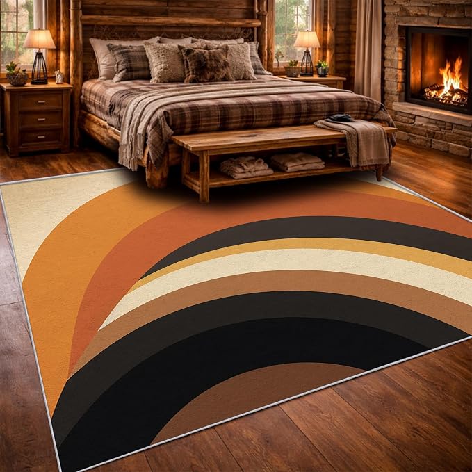 Mid Century Modern Area Rug 7x8, Washable Non-Slip Low Pile Retro Rainbow Rug for Living Room Bedroom Home Office, Abstract Boho Carpet in Terracotta Camel Cream and Black
