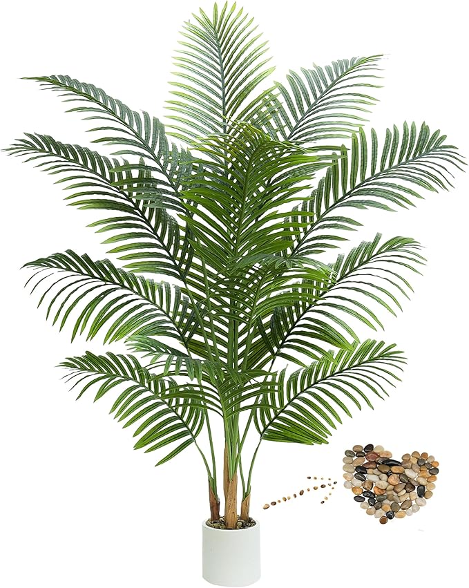 Artificial Palm Tree Plant 6FT Tall Fake Tropical Palm Tree in Pot, Real Bark Design Faux Areca Palm Tree for Home Office Living Room Bedroom Farmhouse Modern Indoor Outdoor Topiary Tree (18 Trunks)
