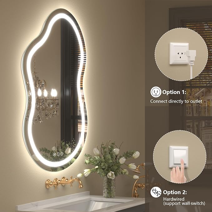48x26 Inch Irregular LED Backlit Bathroom Mirror, Asymmetrical Cloud Led Lighted Vanity Mirror for Wall, Anit-Fog, Dimmable, Memory, 3 Colors, Shatterproof(Horizontal/Vertical)