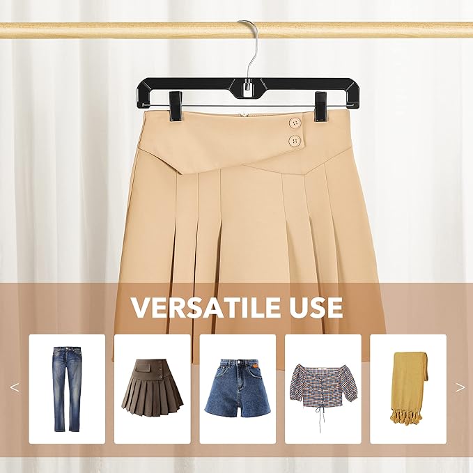 HOUSE DAY Black Pants Hangers with Clips 12 Pack, Plastic Skirt Hangers for Women, 14 Inch Clip Hanger for Pants, Skirts, Jeans, Shorts, Legging, with 360-degree Swivel Hook, 2 Adjustable Clips