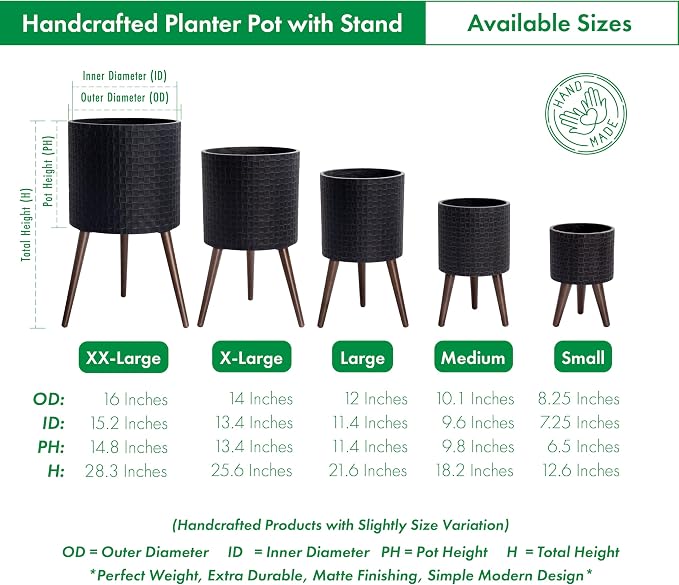 D'vine Dev 12 Inch Modern Geometric Tile Patterned Sleek Planter Pot with Stand, Indoor Outdoor Decorative Plant Holder, Distressed Black, 88-Z-C-5