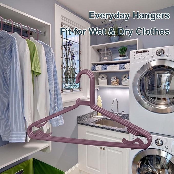 Plastic Hangers 50 Pack, Light Weight Durable Clothes Hangers with Hooks Standard Size G-Shape&Non-Slip Coat Hangers for Everyday Use (Purple)