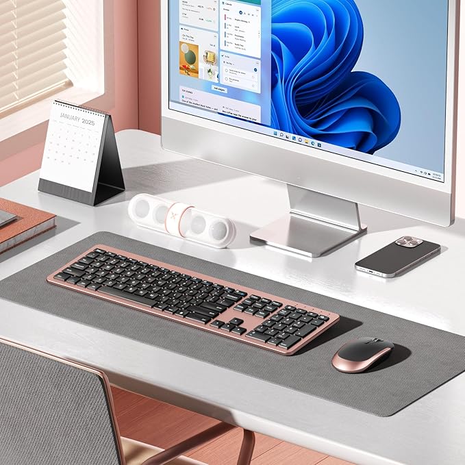 seenda Rechargeable Wireless Keyboard Mouse Combo Full Size Cordless Keyboard & Mouse Sets with Build-in Lithium Battery Ultra Thin Quiet Keyboard Mice (Rose Gold & Black)