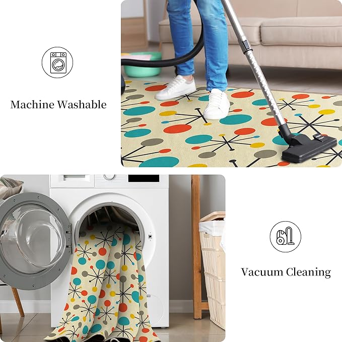 Retro Area Rug for Living Room Bedroom Dining Room 3‘x5’, Mid Century Modern Atomic Living Room Rug Non-Slip, Yellow Floor Rug Carpet Machine Washable