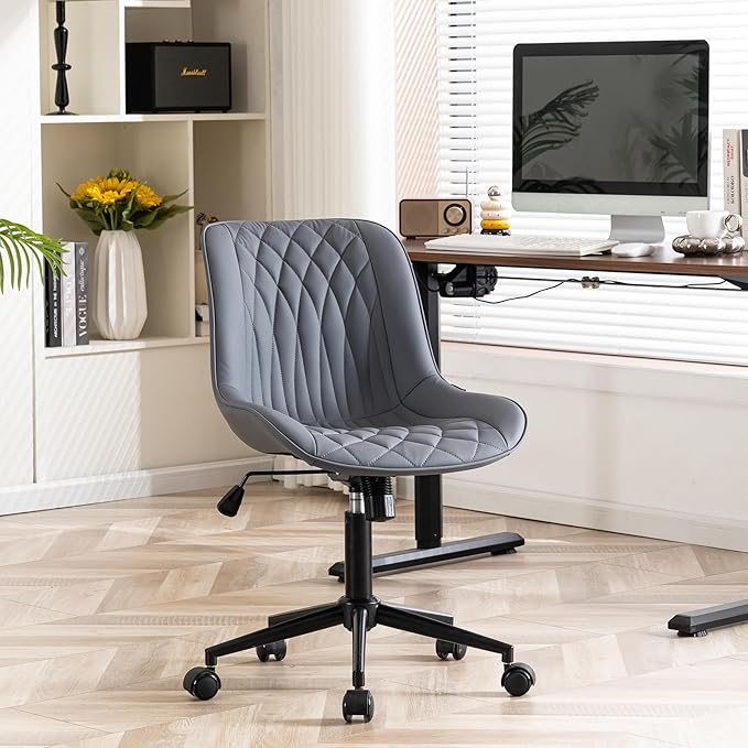 YOUNIKE Ergonomic Home Office Desk Chair Comfy Small Criss Cross Chair with Wheels Swivel Adjustable Modern Vanity Chair with Back Armless Cute Leather Upholstered Rolling Task Chair Dusty Blue