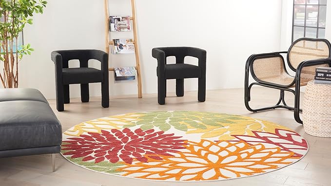 Nourison Home Aloha 94" Round Fabric Indoor/Outdoor Rug in Red Multi-Color