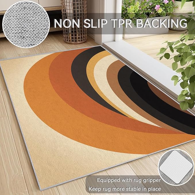 Mid Century Modern Area Rug 7x8, Washable Non-Slip Low Pile Retro Rainbow Rug for Living Room Bedroom Home Office, Abstract Boho Carpet in Terracotta Camel Cream and Black
