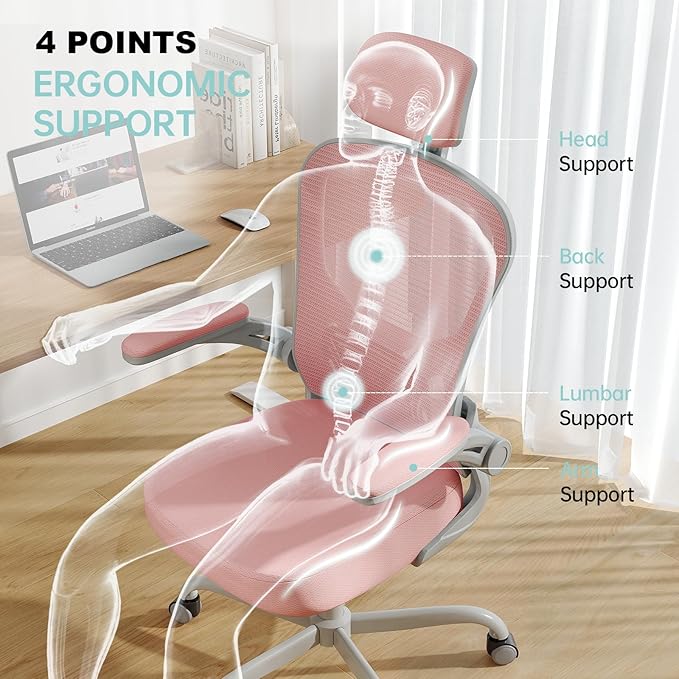 Office Chair Ergonomic Desk Chair, 330LBS Capacity, High Back Computer Chair for Long Hours Comfortable, Rolling Swivel Executive Task Chair for Home Office with Flip-up Armrests(Grey Pink)