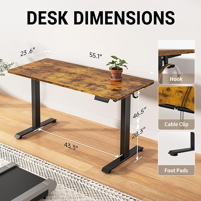 Veken 55 Inch Large Electric Standing Desk, Heights Adjustable, Sit to Stand Up, Work Home Office Computer Table for Study, Walking Pad, Writing, and Games, Wooden Desktop Desks, Brown