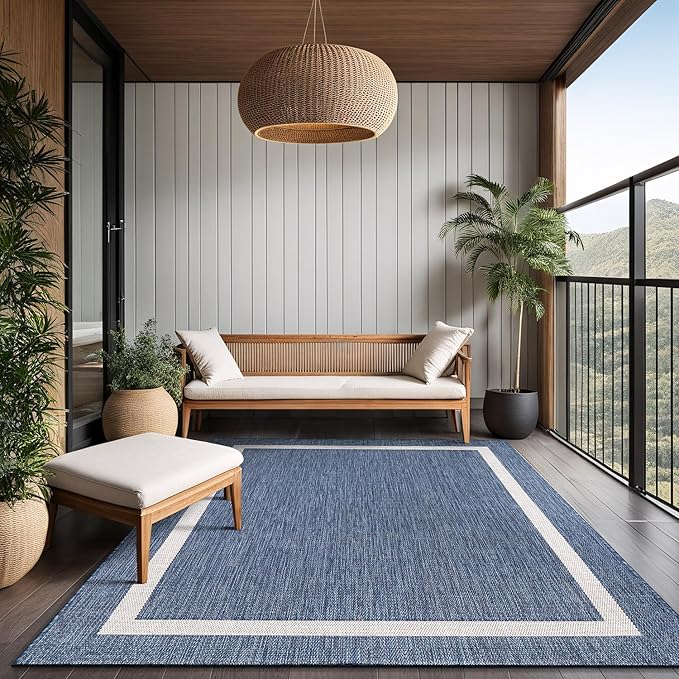 Bordered Outdoor Rug 9x12 Washable Outside Carpet for Indoor Patio Porch Waterproof Easy Cleaning Non Shedding Area Rugs Blue 9 x 12