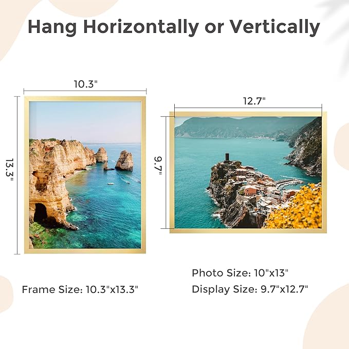 10x13 Metal Picture Frame - Gold Aluminum Picture Frame with Real Glass, Wall Mounting Horizontally or Vertically, Simple and Elegant Decor for Wall Gallery Poster Photo 13x10 Frame, Gold