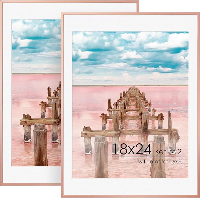 18x24 Metal Picture Frame For Wall With Mat For 16x20, 18''x24'' Aluminum Photo Frames With Tempered Glass, Minimalist Modern Poster Frame Horizontally Vertically Set of 2, Rose Gold