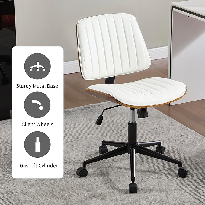 Small Home Office Chair - Armless Mid Back Desk Chair with 360° Swivel and Wheels, PU Upholstered Height Adjustable Modern Walnut Computer Chair for Home, Office Meeting Room - White