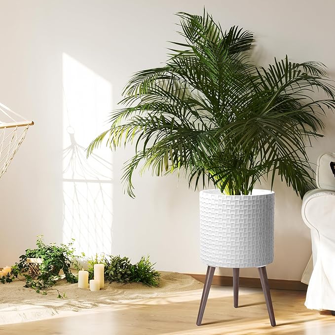 D'vine Dev 14 Inch Modern Geometric Tile Patterned Sleek Planter Pot with Stand, Indoor Outdoor Decorative Plant Holder, Matte White, 88-Z-D-1