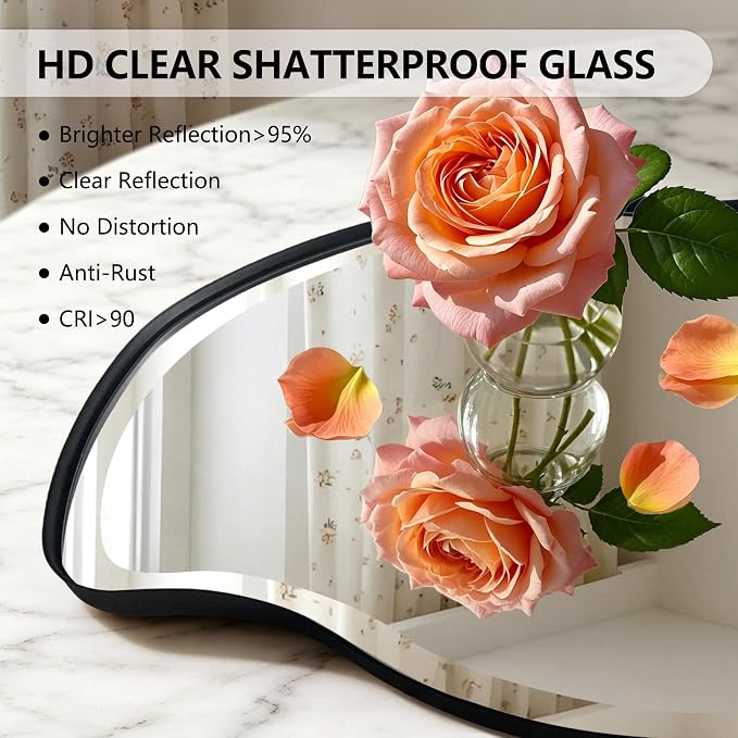 POZINO Large Irregular Beveled Mirror, 53"x24" Asymmetrical Vanity Wall Mirror with Metal Frame, Organic Shape Mirrors for Entryway Living Room Bedroom Bathroom, Horizontal/Vertical Hanging