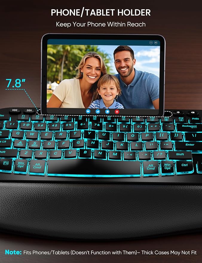 SABLUTE Wireless Keyboard and Mouse Combo - Ergonomic Wave Keyboard with Soft Leather Wrist Rest, Phone Holder, Rechargeable, RGB Backlit Mouse, Full-Size Set for Windows/Mac/Computer (Black)