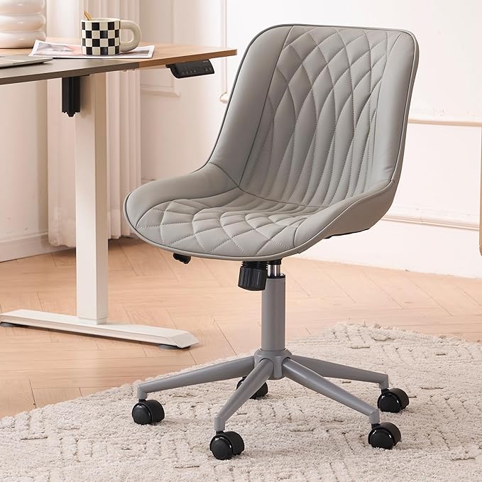 YOUNIKE Grey Home Office Desk Chair No Arms Comfy Small Vanity Chair Chair with Wheels Swivel Adjustable Modern Ergonomic Task with Back Armless Cute Leather Upholstered Rolling Chair