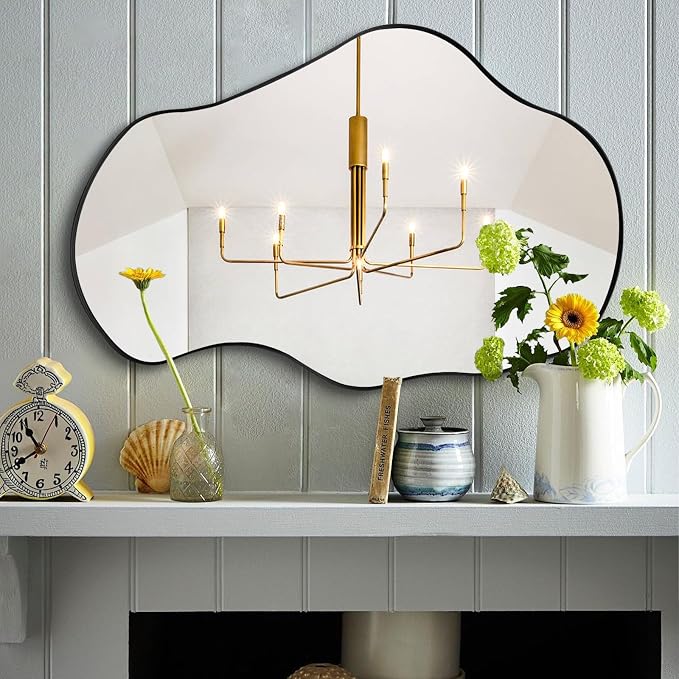 Irregular Wall Mirror, 30"x20" Asymmetrical Decorative Accent Mirror with Black Metal Frame, Organic Shape Mirrors for Entryway Bedroom Living Room, Horizontal or Vertical Hanging ﻿