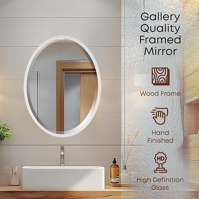 OVALCREST - Oval Wooden Beveled Wall Mirror for Home Decor, Bathroom, Vanity, Bedroom, Living Room, Hallway - London Style (Linen White) 17.1 x 13.1