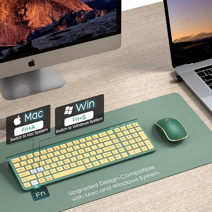 JOYACCESS Wireless Keyboard and Mouse Combo,2.4G Ergonomic Typewriter Keyboard with Type-C Receiver and Adjustable Tilt for Computer, Windows,Desktop, PC, Laptop-Cangling Green