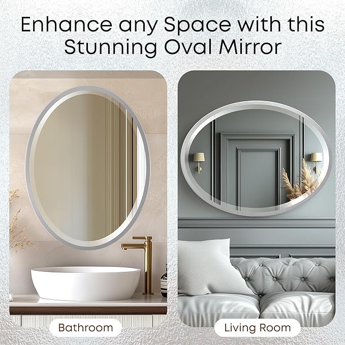 OVALCREST - Oval Wooden Beveled Wall Mirror for Home Decor, Bathroom, Vanity, Bedroom, Living Room, Hallway - London Style (Silver Spray) 25.1 x 21.1