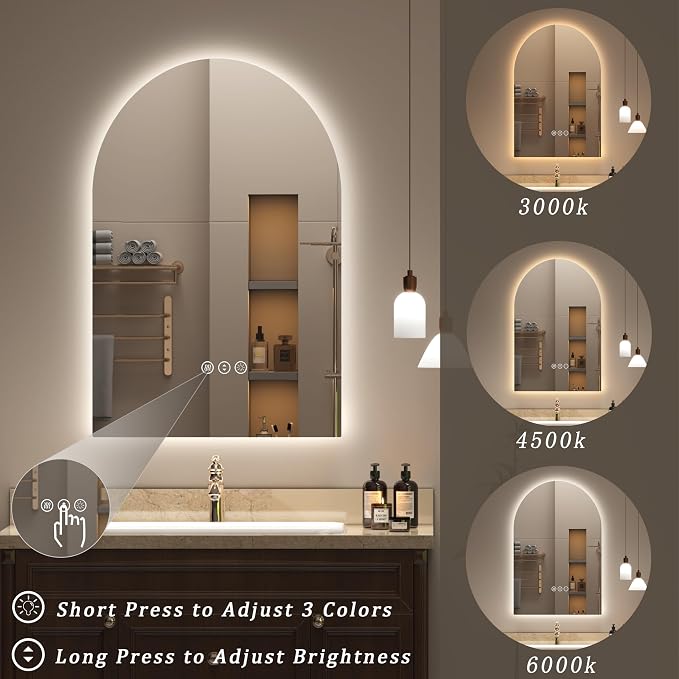 Backlit Arched LED Bathroom Mirror 24x36 Inch, Dimmable LED Vanity Mirror with Lights, Anti-Fog, 3 Colors, Memory, ETL Listed
