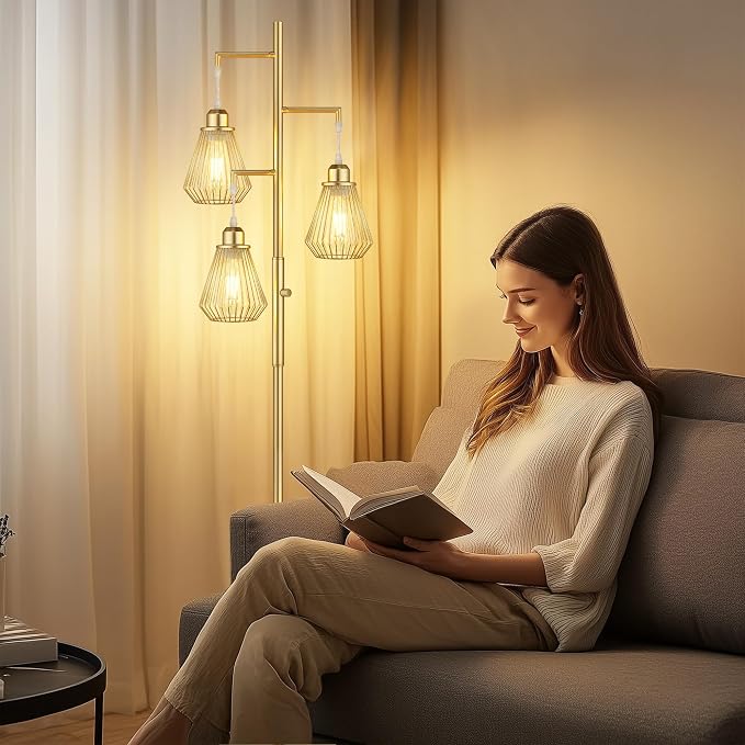 QiMH Industrial Floor Lamps for Living Room, Tree Standing Lamp with Stepless Dimmable, 68" Modern Tall Lamps for Bedroom Study Home Office, Rotary Switch, 3 LED Bulb Included, Gold