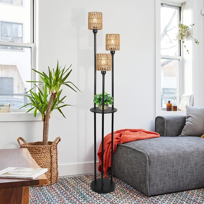 Dimmable Boho Floor Lamps for Living Room, 3-Lights Farmhouse Floor Lamp with 3-Way Foot Switch, Rattan Floor Lamp with Shelves, Rustic Standing Lamp with Rattan Shades, Tall Lamps for Bedroom