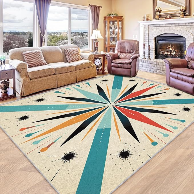 Mid Century Modern Rug 5x8, Washable Retro Sun Rugs for Living Room Bedroom, Atomic Geometric Area Rug for Home Decor, Non Slip Backing Floor Carpet with Gripper - 5 x 8 ft
