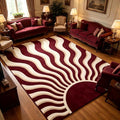 5x7 Retro Abstract Area Rug, Burgundy and Beige Wavy Sunburst Rug, Washable Non-Slip Low Pile Faux Cashmere Rug for Living Room, Bedroom, Home Office